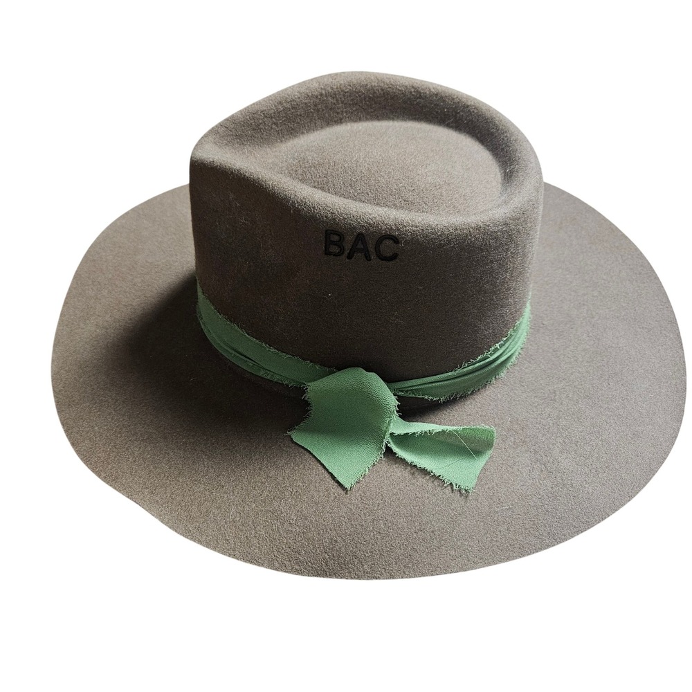 BAC Wool Felt Wide Brim Fedora Hat Brown L Sage Green Ribbon Telescope Crown